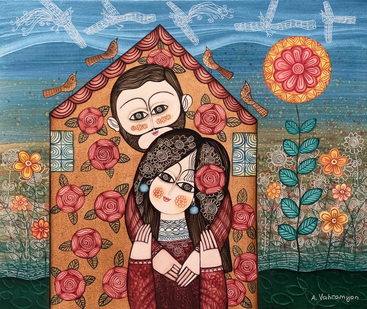 Abstract Portrait Oil Painting By Armen Vahramyan, 24 X 20, Embrace Of Happiness, Original Artwork