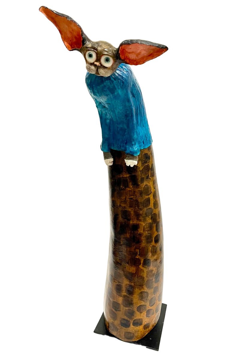 Expressive Animal Wood Sculpture By Eleanor Gabriel, 9 X 20, Cat Hunchback, Original Artwork