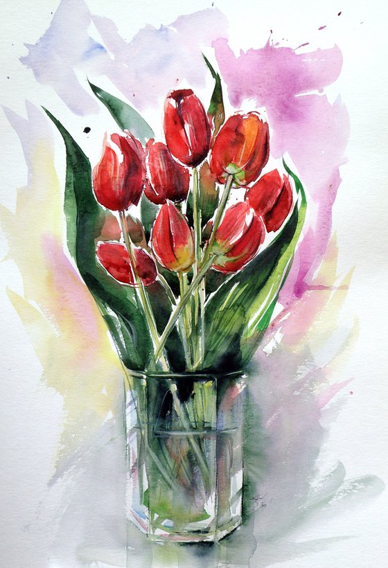 Still life with tulips /50 x 35 cm/ Watercolour by Kovács Anna