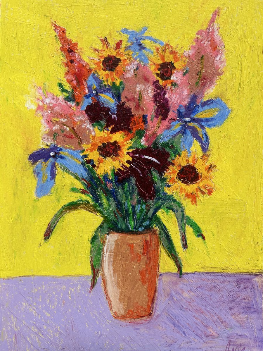 Impressionistic Botanical Pastel Drawing By Irina Anis, 12 X 17, Bouquet On A Yellow Background, Original Artwork