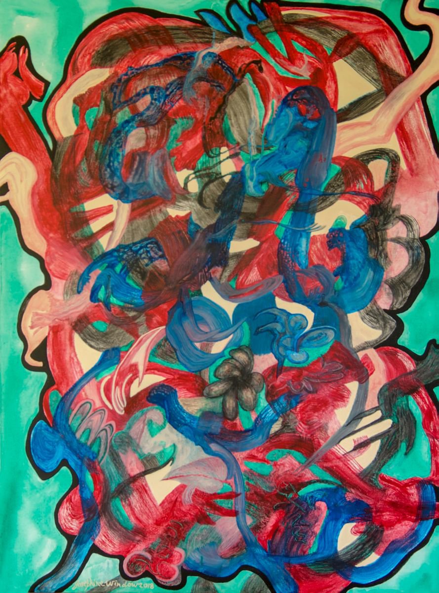 Organic Abstract Acrylic Painting By Josephine Window, 30 X 40", Black Flower Dance, Original Artwork