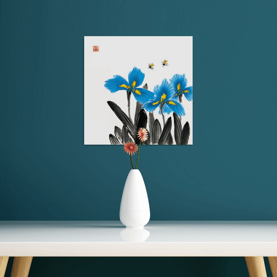 Blue Irises and Dancing Bees