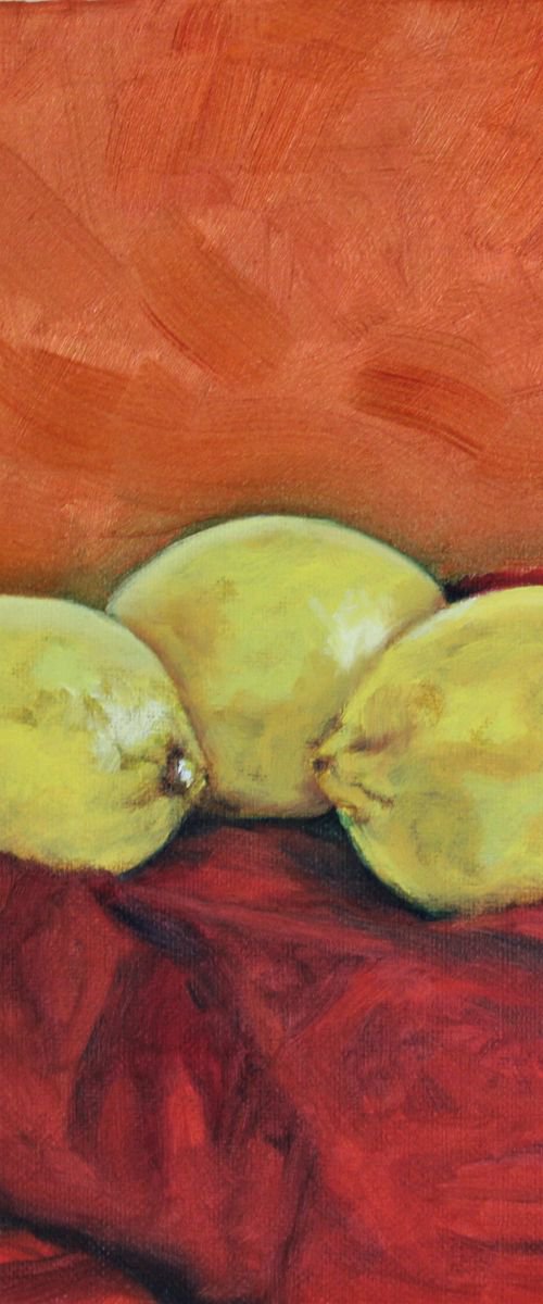 Lemons on red cloth still life by Afekwo