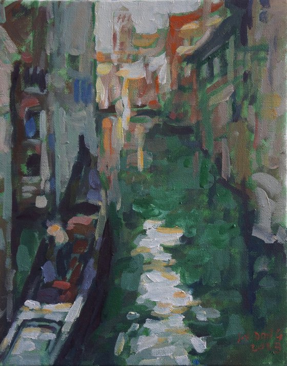 Original Oil Painting Wall Art Signed unframed Hand Made Jixiang Dong Canvas 25cm × 20cm Water Alleys of Venice Italy Small Impressionism Impasto