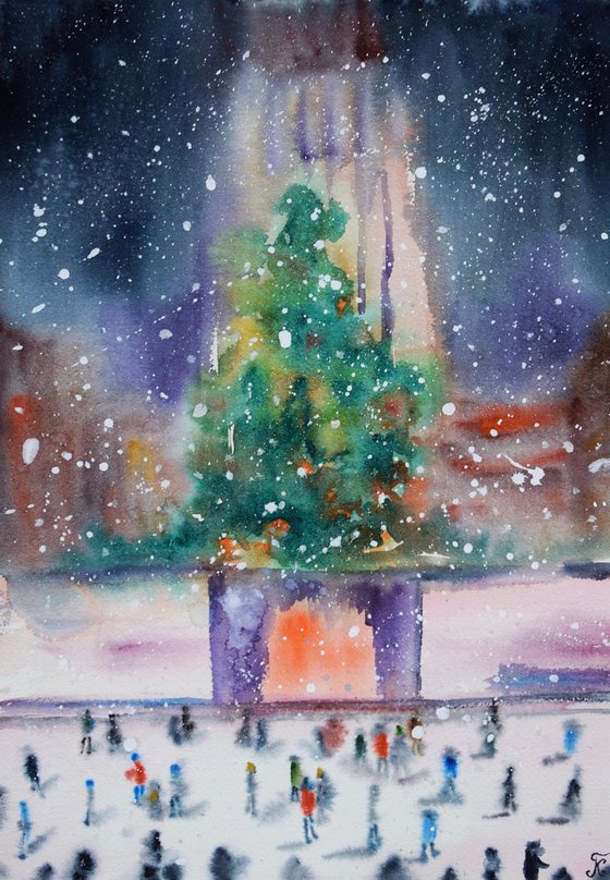 Winter New York watercolor painting, New Year Rockefeller Center, original abstract cityscape, snowy Manhattan