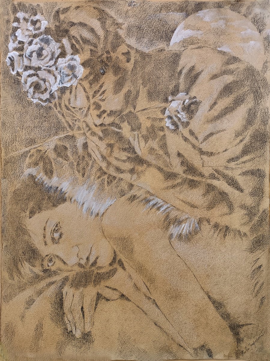 Expressive Portrait Ink Drawing By Paola Imposimato, 22 X 30", The Mystic Rose, Original Artwork