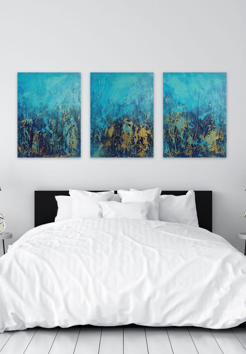 Large Blue and Gold Abstract Textured Painting. Modern Art on Canvas with Structures. Triptych by Sveta Osborne