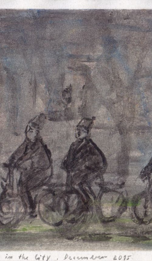 Cyclists in the City, December 2015, acrylic on paper, 21,1 x 29,6 cm by Alenka Koderman