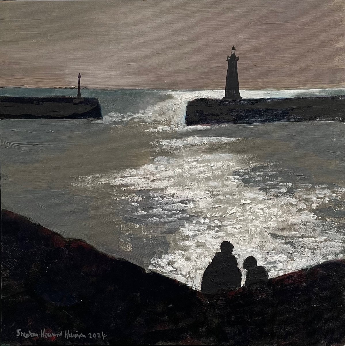 Impressionistic Landscape Oil Painting By Stephen Howard Harrison, 13 X 13", Father And Son At Anstruther, Original Artwork