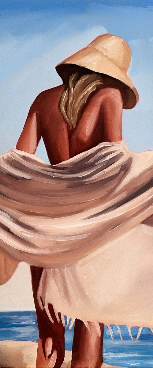 Girl with Beige Towel - Woman on Beach Painting by Daria Gerasimova