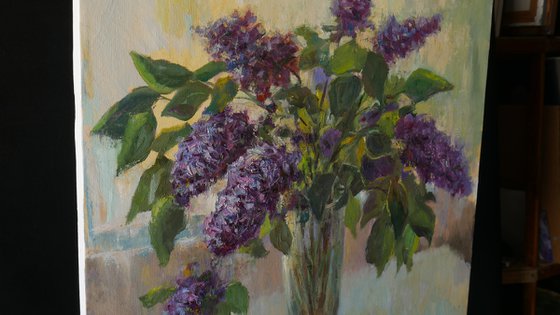 The Bouquet Of Lilacs Near the Light Window - floral still life, oil painting
