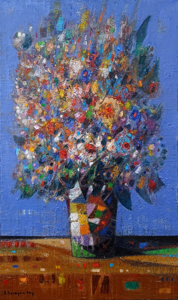 Abstract Botanical Oil Painting By Aram Sevoyan, 12 X 20, Bouquet Of Whimsy, Original Artwork