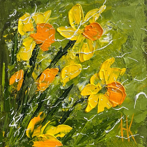 Daffodil Painting Floral Original Art Flower Oil Impasto Artwork Small Wall Art 6 by 6" by Halyna Kirichenko