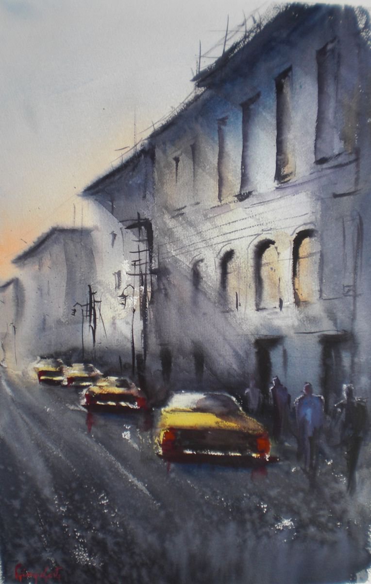 Impressionistic Cityscapes Watercolour By Giorgio Gosti, 13 X 21, Yellow Cabs In New York 7, Original Artwork
