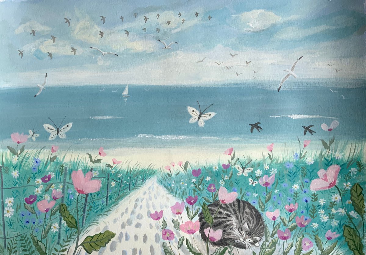 Beach Tabby- cat painting- cat artwork by Mary Stubberfield