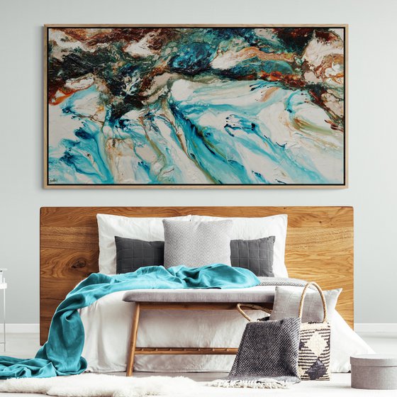 Crushed Southern Coast 190cm x 100cm Teal Oxide White Textured Abstract Art