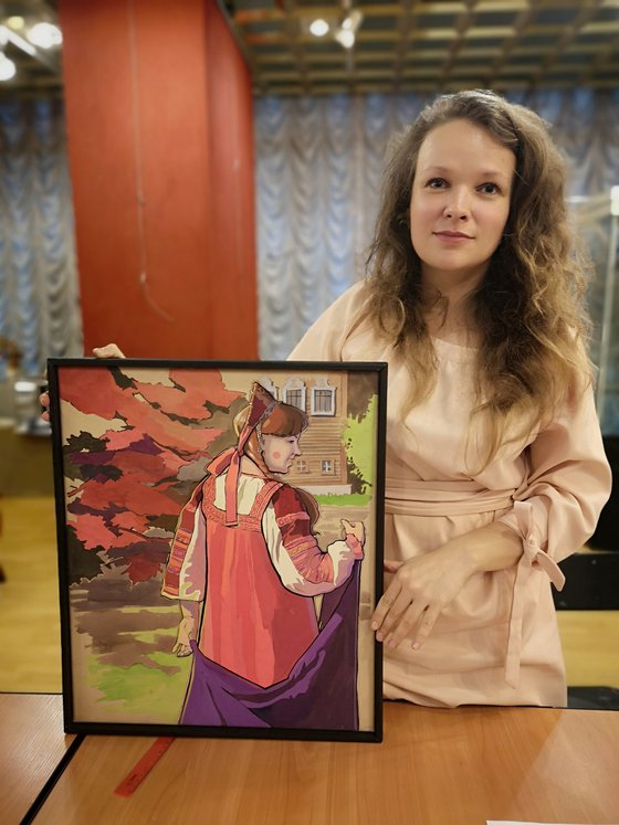 Russian style painting. Girl in traditional dress
