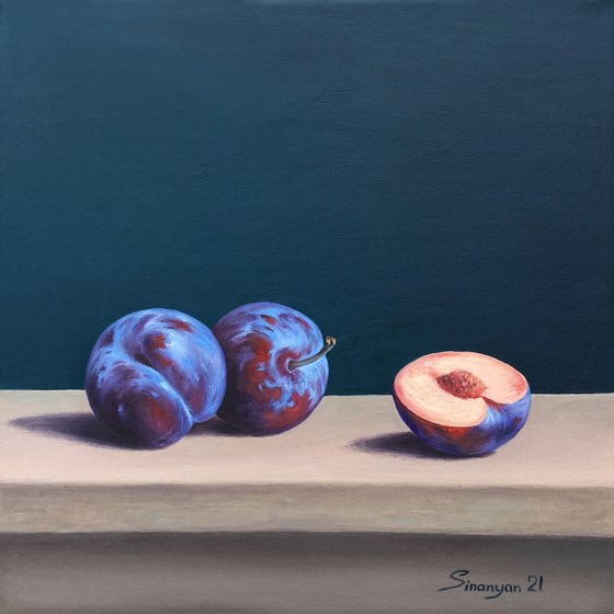 Still life plums (25x25cm, oil painting, ready to hang)