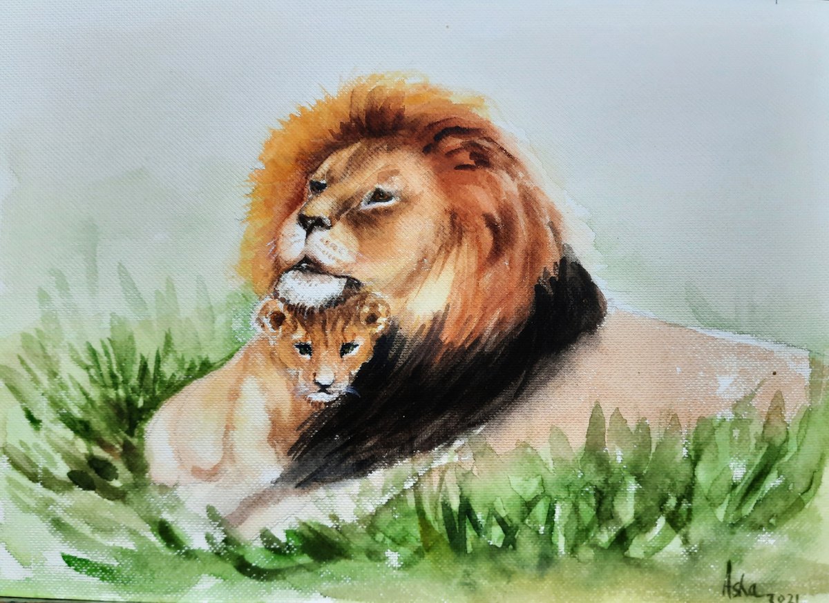 Lion King and cub, Big Wild Cat family, Watercolor on paper by Asha Shenoy