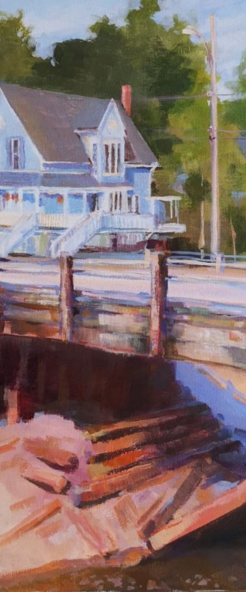 "The old bridge" - Original impressionistic style Canadian landscape painting (14x14x0.7'') by Alexander Koltakov
