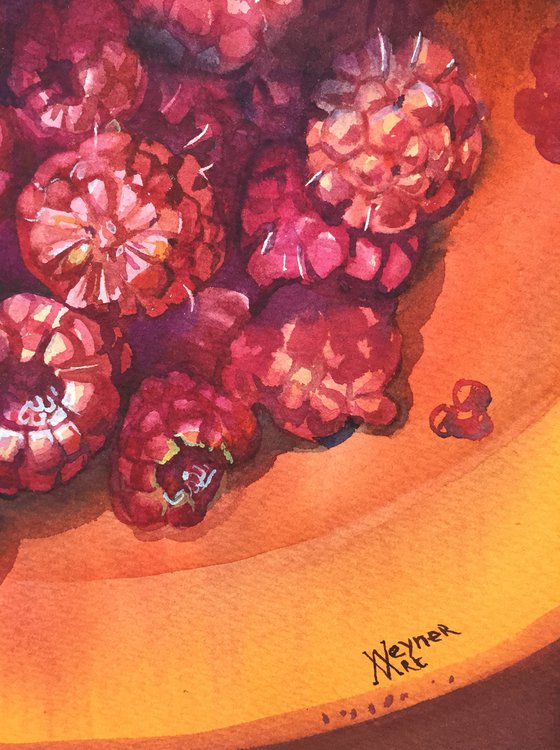 Still life with juicy raspberries. Painting with berries.