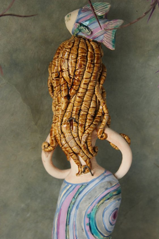 Mermaid with a fish,  Wall sculpture by Elya Yalonetski.