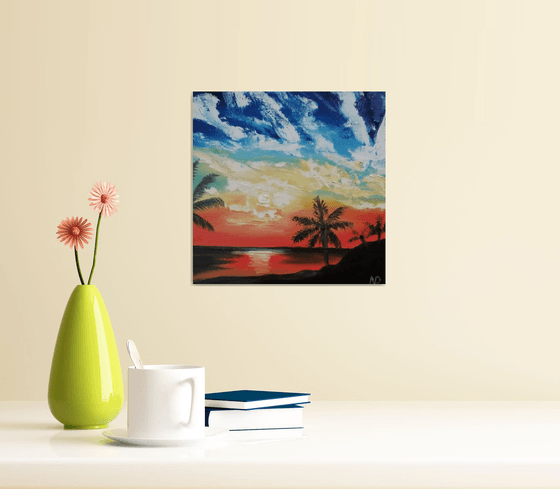 Summer evening, original sunset sea beach oil painting, small gift idea