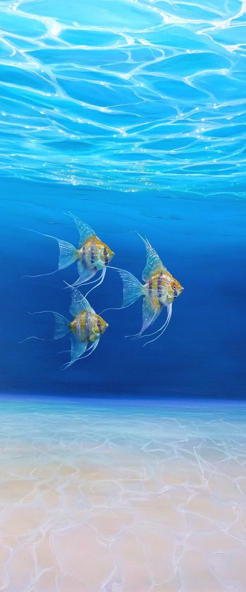 Magic Under the Sea - an underwater seascape with gold angel fish by Gill Bustamante