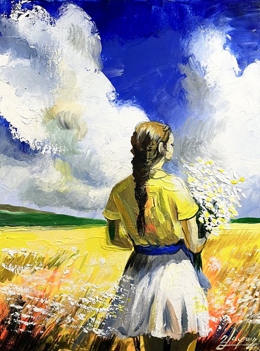 Impressionistic Landscape Oil Painting By Vahe Bagumyan, 12 X 16", The Girl With Daisies, Original Artwork