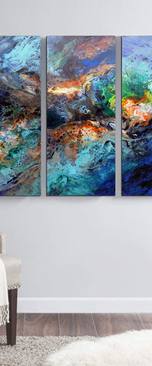 Extra large abstract triptych, three pieces painting set - In another dimension by Areti Ampi