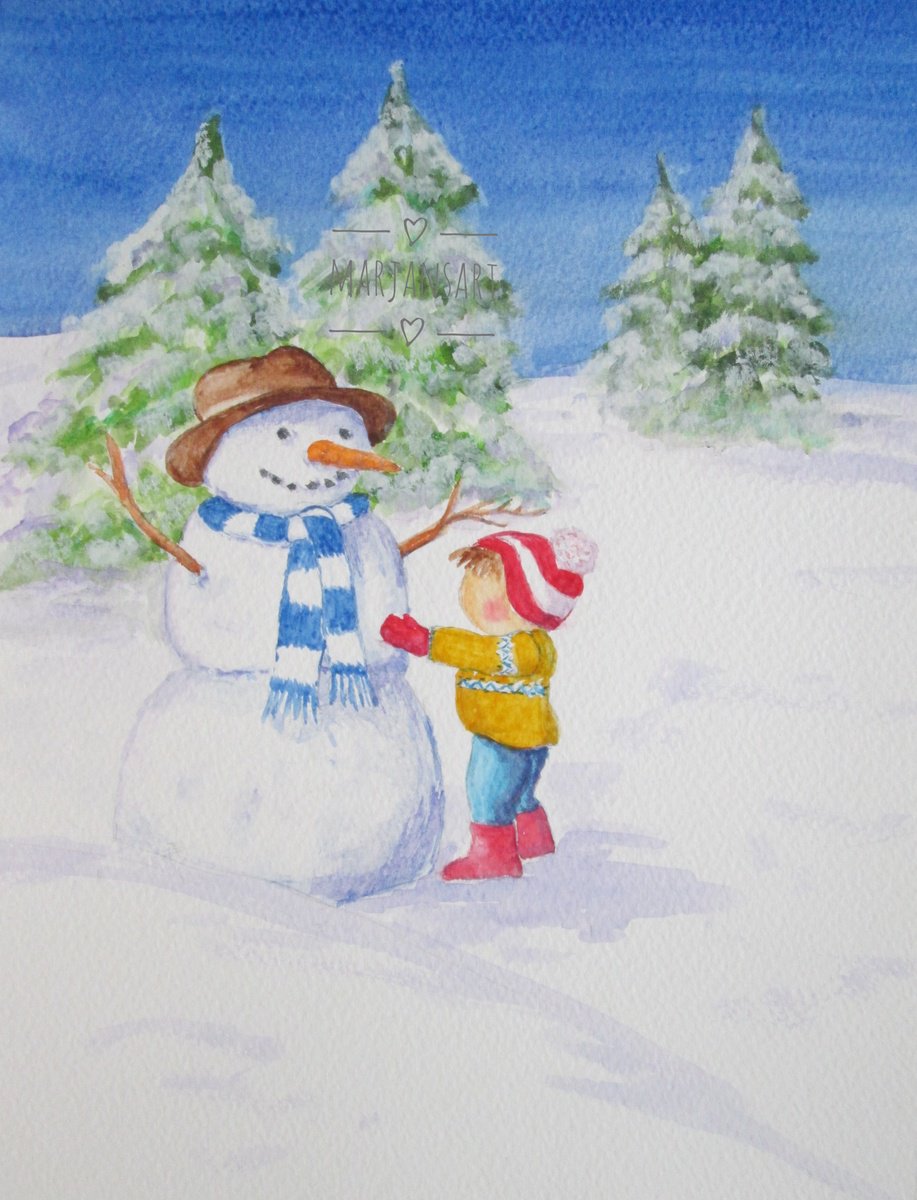 Expressive Portrait Watercolour By Marjansart, 9 X 12", Snowman And Me, Original Artwork
