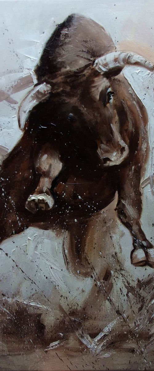 MONIKA LUNIAK " POWER ... " -  BULL original oil painting on canvas, gift,  PALETTE KNIFE by Monika Luniak