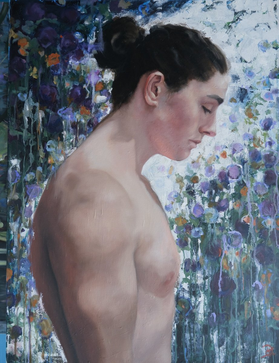 Organic Portrait Oil Painting By Kerry Lisa Davies, 24 X 32", Contemplation, Original Artwork