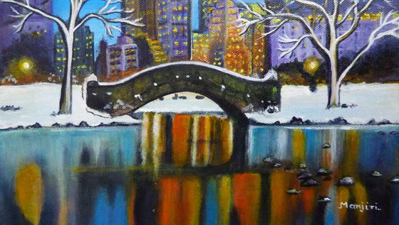 Winter In New York- Night Landscape vibrant colorful luminous art on sale