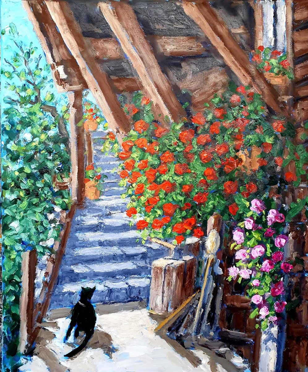 swiss flowerscape with black cat by Colin Ross Jack