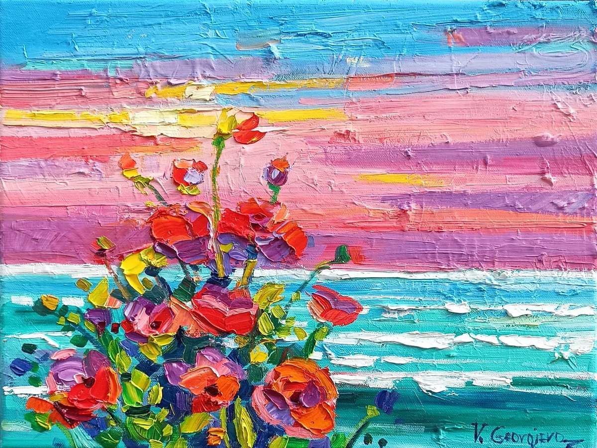 Expressive Landscape Oil Painting By Vanya Georgieva, 16 X 12", Poppies On The Coast, Original Artwork
