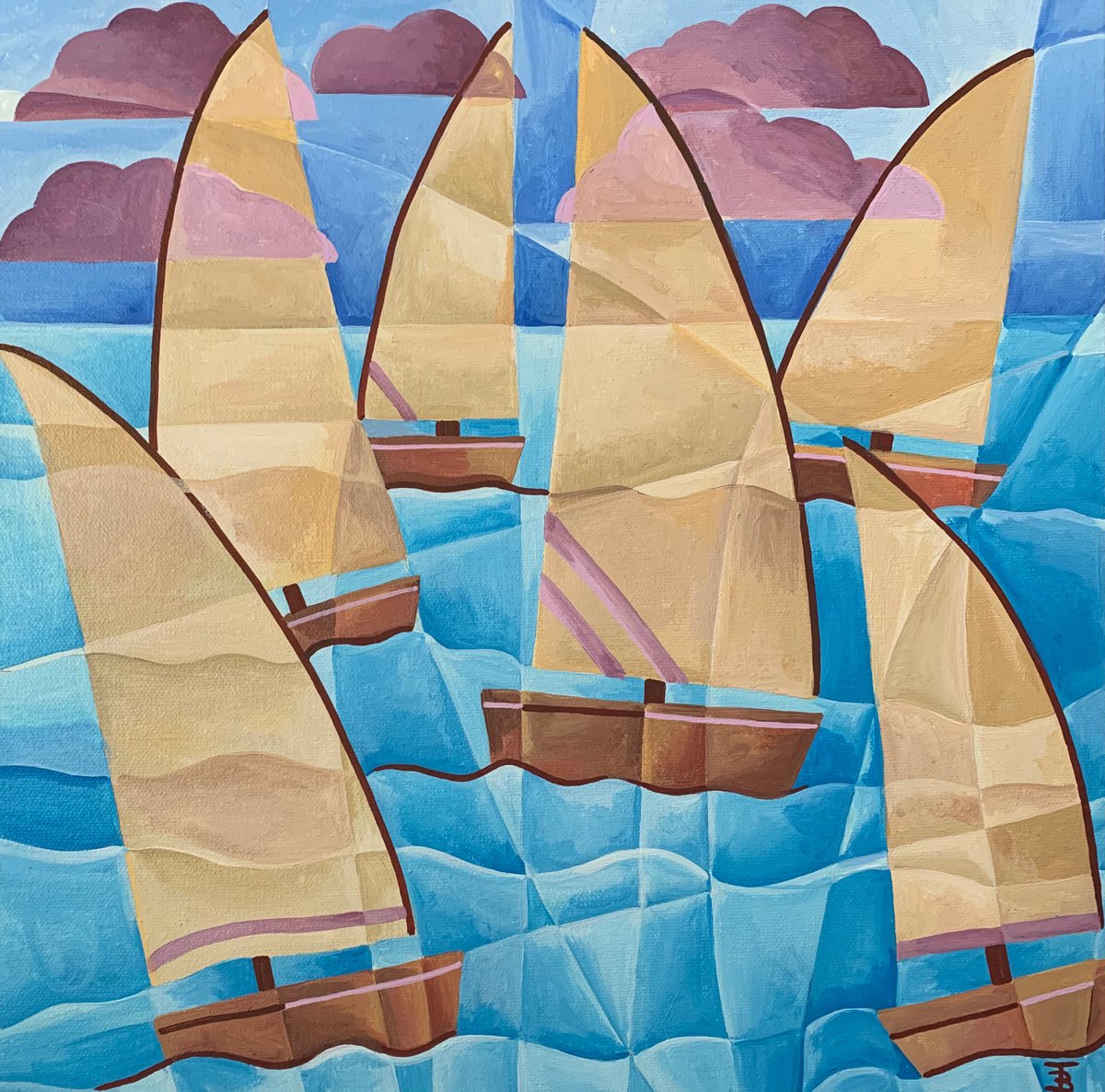 Geometric Landscape Acrylic Painting By Tiffany Budd, 20 X 20", The Boats, Original Artwork