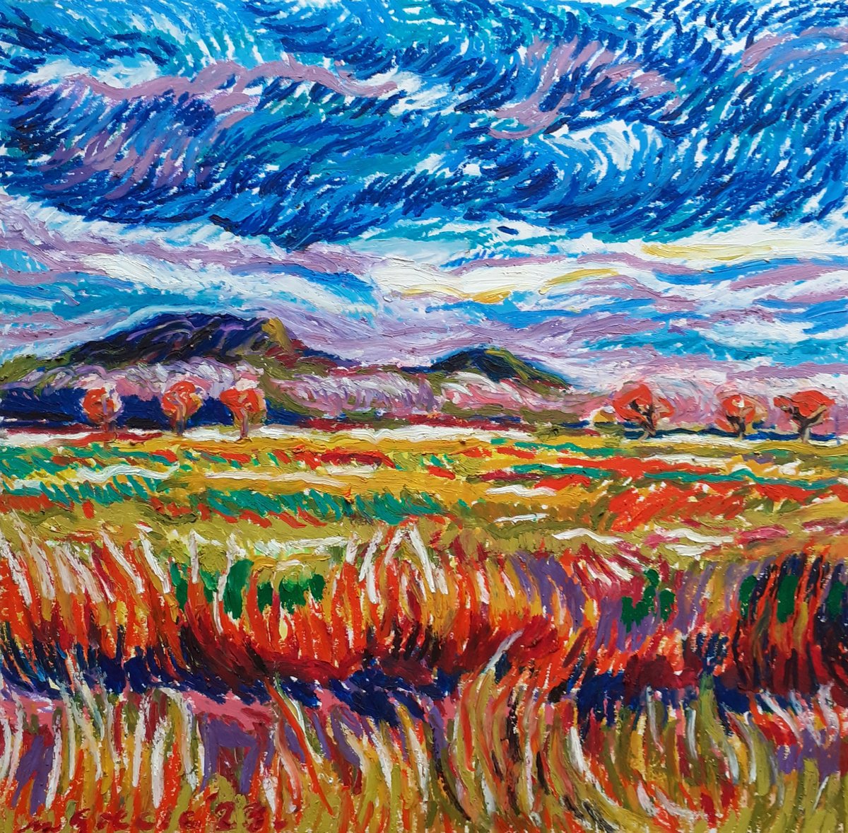 Impressionistic Landscape Pastel Drawing By Maja Grecic, 12 X 12", Desert Sky With Fiery Grass, Original Artwork