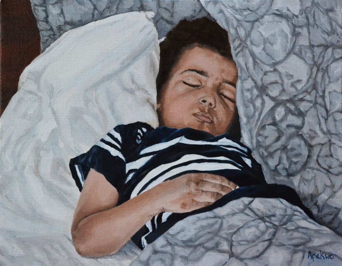 Photorealistic Portrait Oil Painting By Afekwo, 14 X 11, Afternoon Nap, Original Artwork
