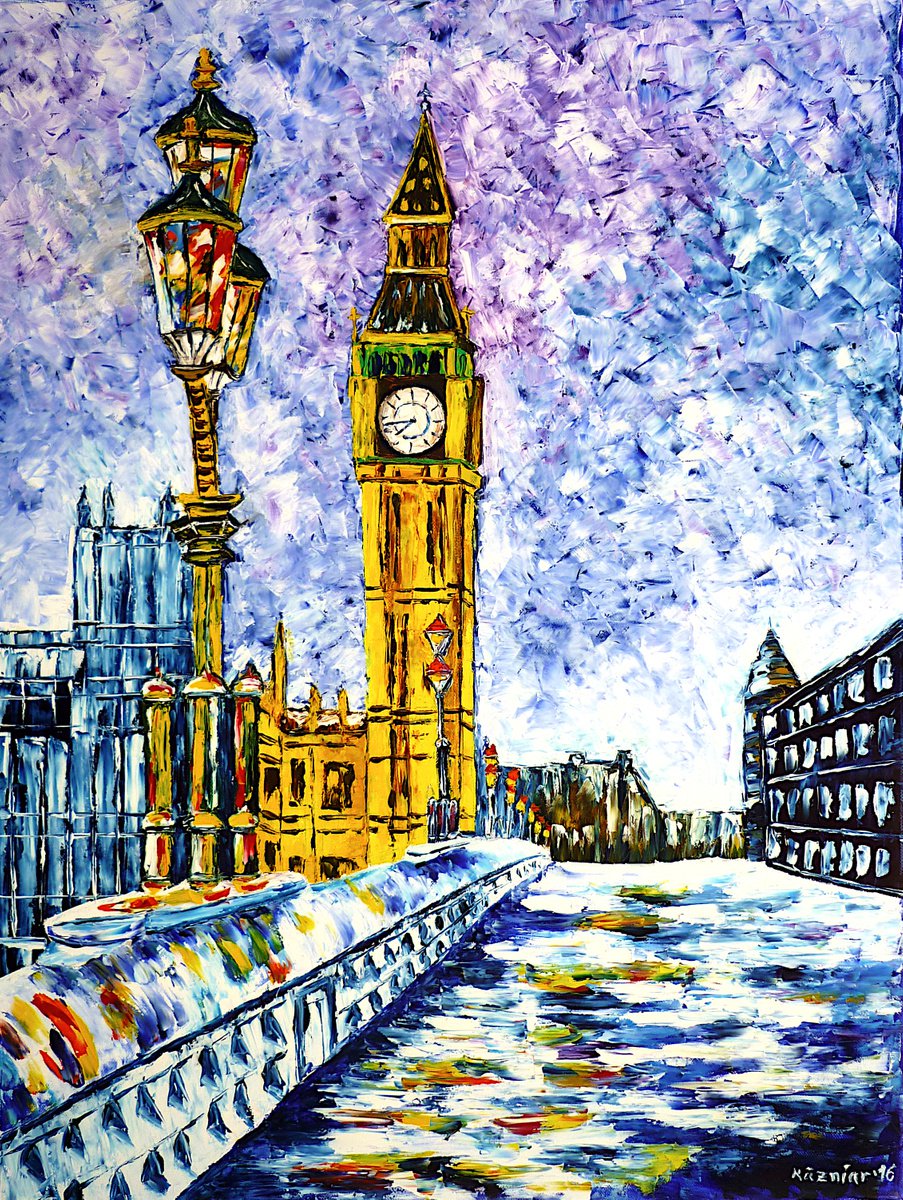 Expressive Cityscapes Oil Painting By Mirek Kuzniar, 24 X 31", London On A Winter Day, Original Artwork