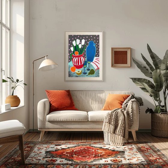 Tulips, Fruit and a Blue Visitor