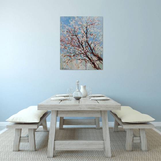 Flowering apricot tree Original oil painting