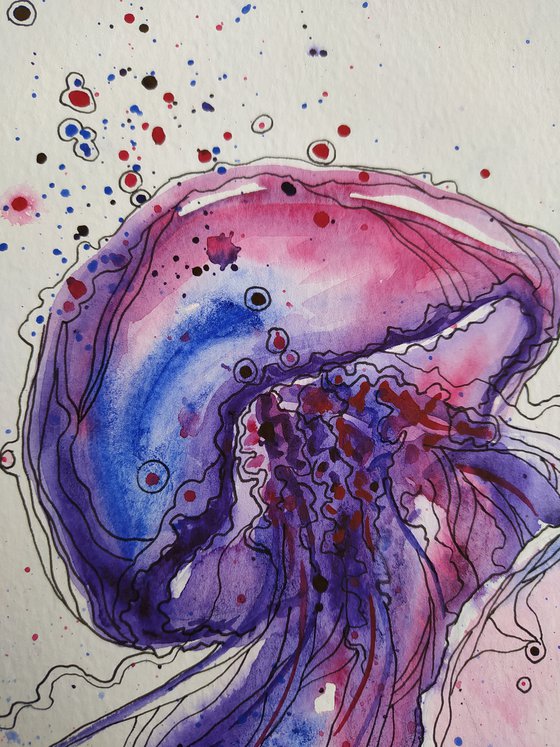 In the ocean -  watercolor painting, jellyfish, jellyfish painting, ocean, sea, animals, life of jellyfish