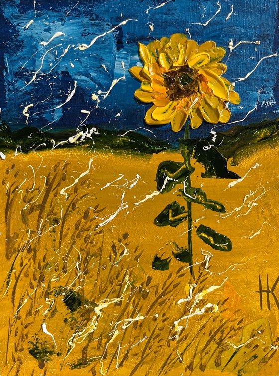 Sunflower Painting Floral Original Art Wheat Field Small Oil Impasto Flower Artwork Home Wall Art 6 by 8" by Halyna Kirichenko