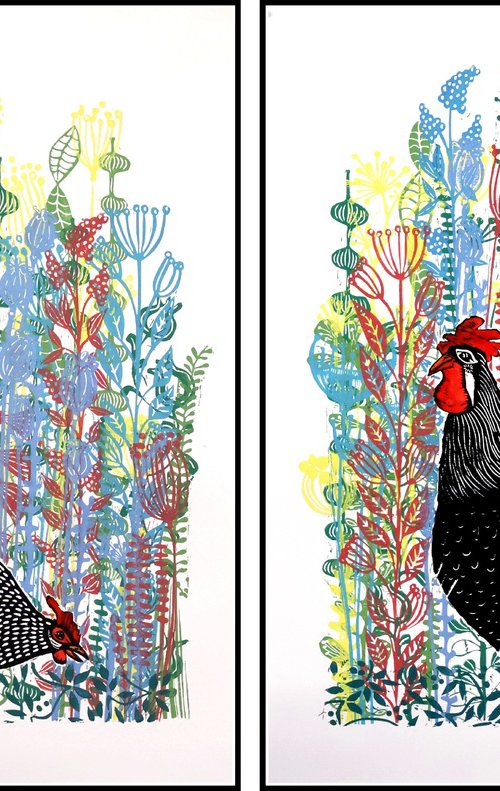 Rooster and Hen print set by Mariann Johansen-Ellis