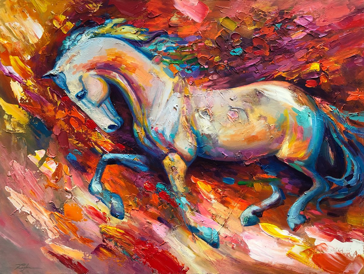 Expressive Abstract Acrylic Painting By Viacheslav Zaykin, 39 X 29", Horse | Dynamic Equine Painting | Red Energy, Artfinder