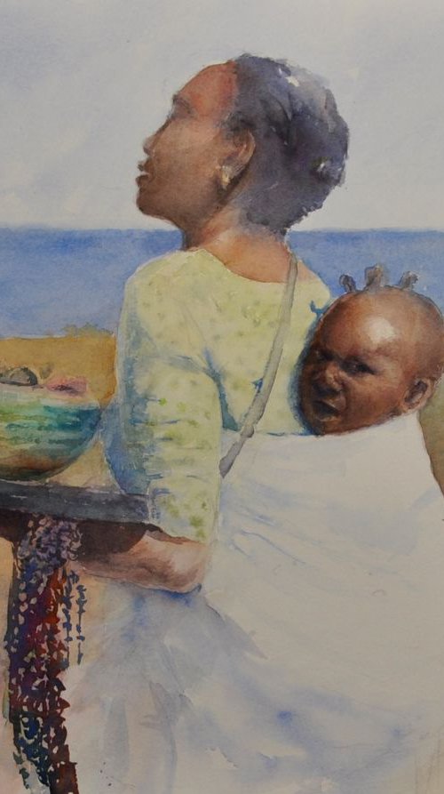 MOTHER'S JOB original watercolor 30X40 by Beata van Wijngaarden