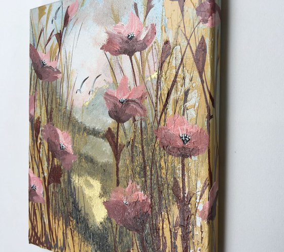 Pink poppies on gold leaf