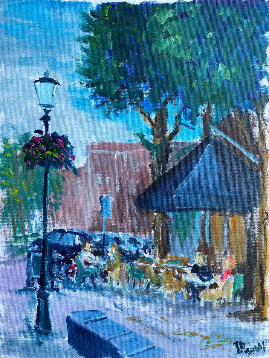 Impressionistic Cityscapes Oil Painting By Dmitry Fedorov, 12 X 16, Cafe In Coevorden. Pleinair, Original Artwork