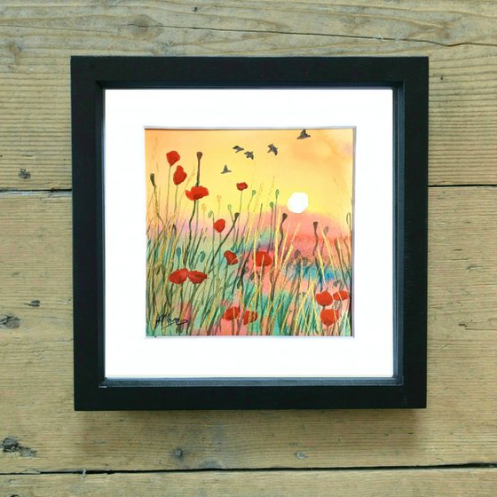 Poppies in the Sun - mounted watercolour, small gift idea